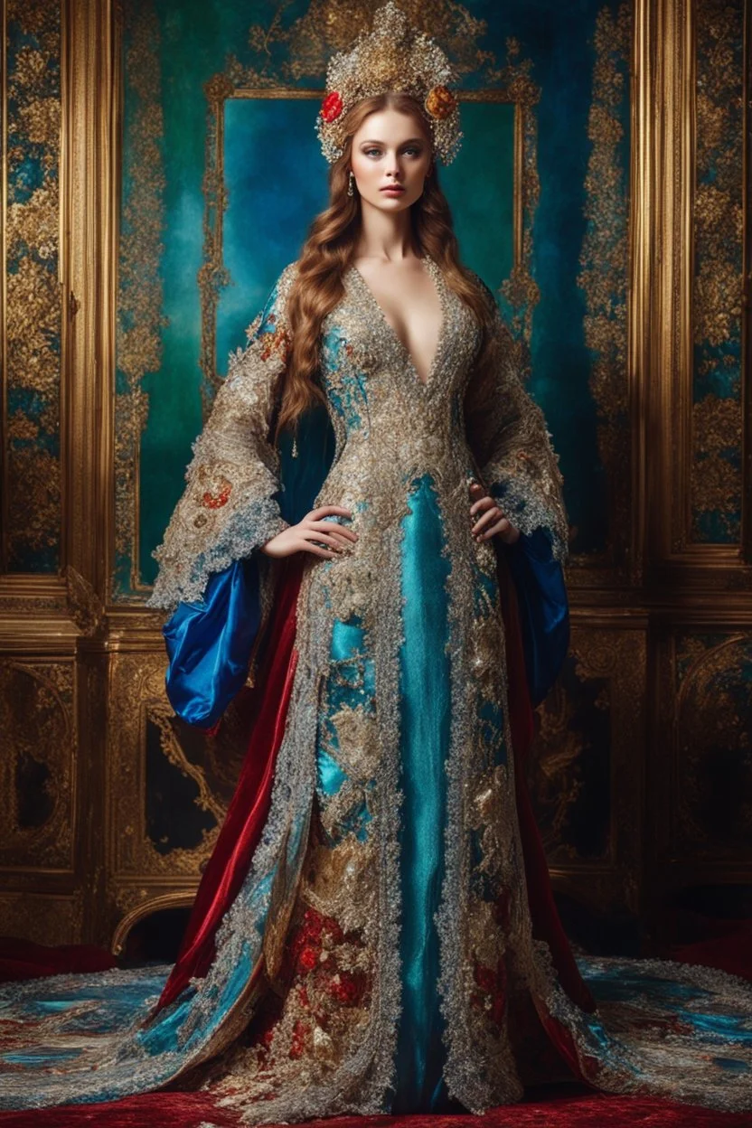 Gorgeous photography full body Beautiful super model Russian dressing Luxury gown Victorian colorful art conceptual, amazing artwork,close-up portrait,crystal ornaments background