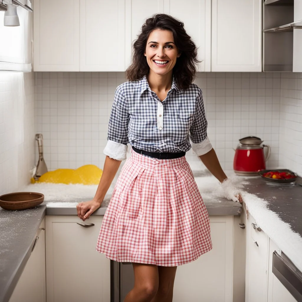 Laëtitia Milot as a happy 35 years old woman dressed as a schoolgirl in the kitchen covered in flour. shirt plaid skirt over showing her knees