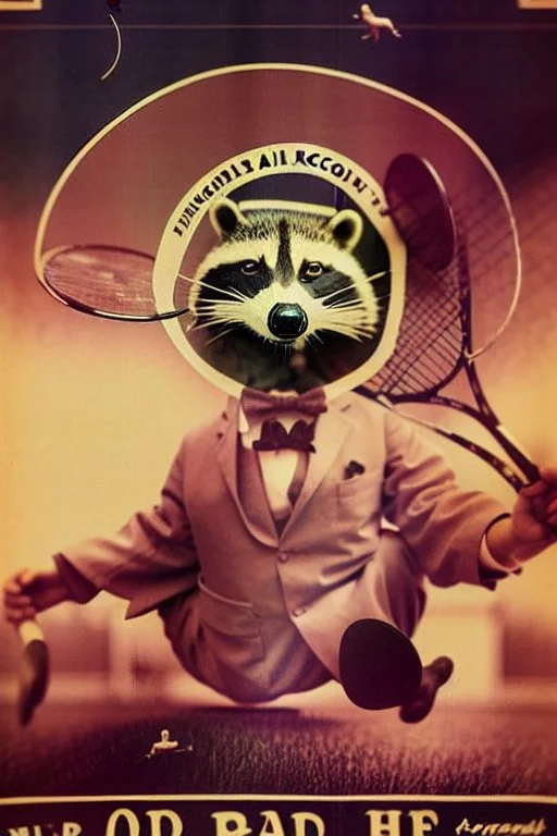 old man in 1928 poster advertising racoon tennis, raccons flying in air between tennis rackets while humans use them as a tennis ball