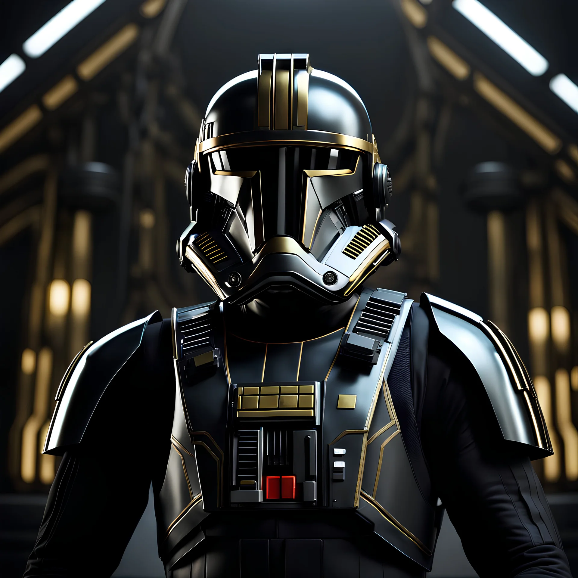 star wars bald male corellian pilot wearing gunmetal grey and black First Order TIE pilot armored flightsuit and helmet with gold trim inside the jedi temple, centered head and shoulders portrait, hyperdetailed, dynamic lighting, hyperdetailed background, 8k resolution, volumetric lighting, light skin, fully symmetric details