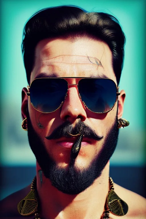 Artistic photo in the audacious style of Jill Greenberg, of man with a luxurious and striking style, abundance of jewelry, oversized square one-piece sunglasses,black beard, prints, extravagant, baroque scene , impasto style with thick textured strokes