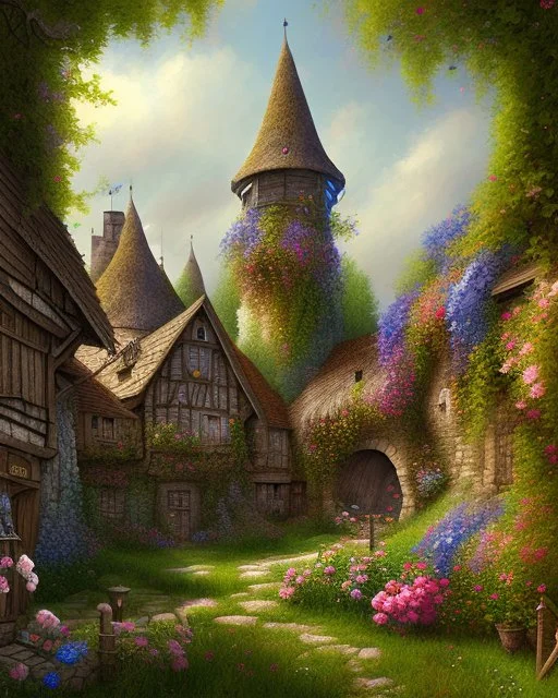 medieval fantasy village with flowers rpg art painterly