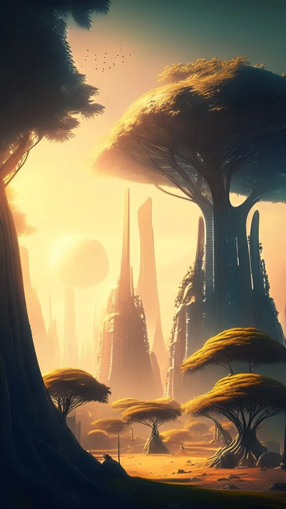 alien landscape with trees and buildings and sunlight