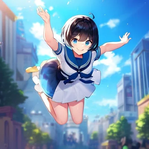 Clear focus,High resolution, Black short fluffy hair, and blue eyes, wearing a sailor uiform, smiling, jumping, hands in air, short skirt