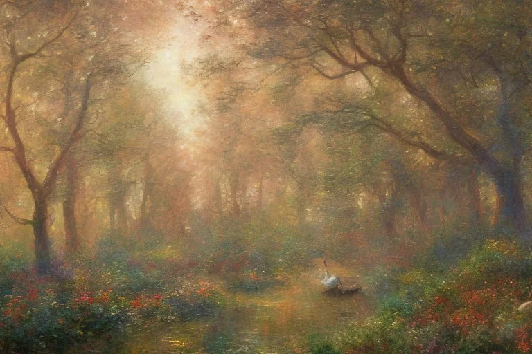 baroque style sunset in the forest, painting with kaleidoscopic touches, in the style of Claude Monet