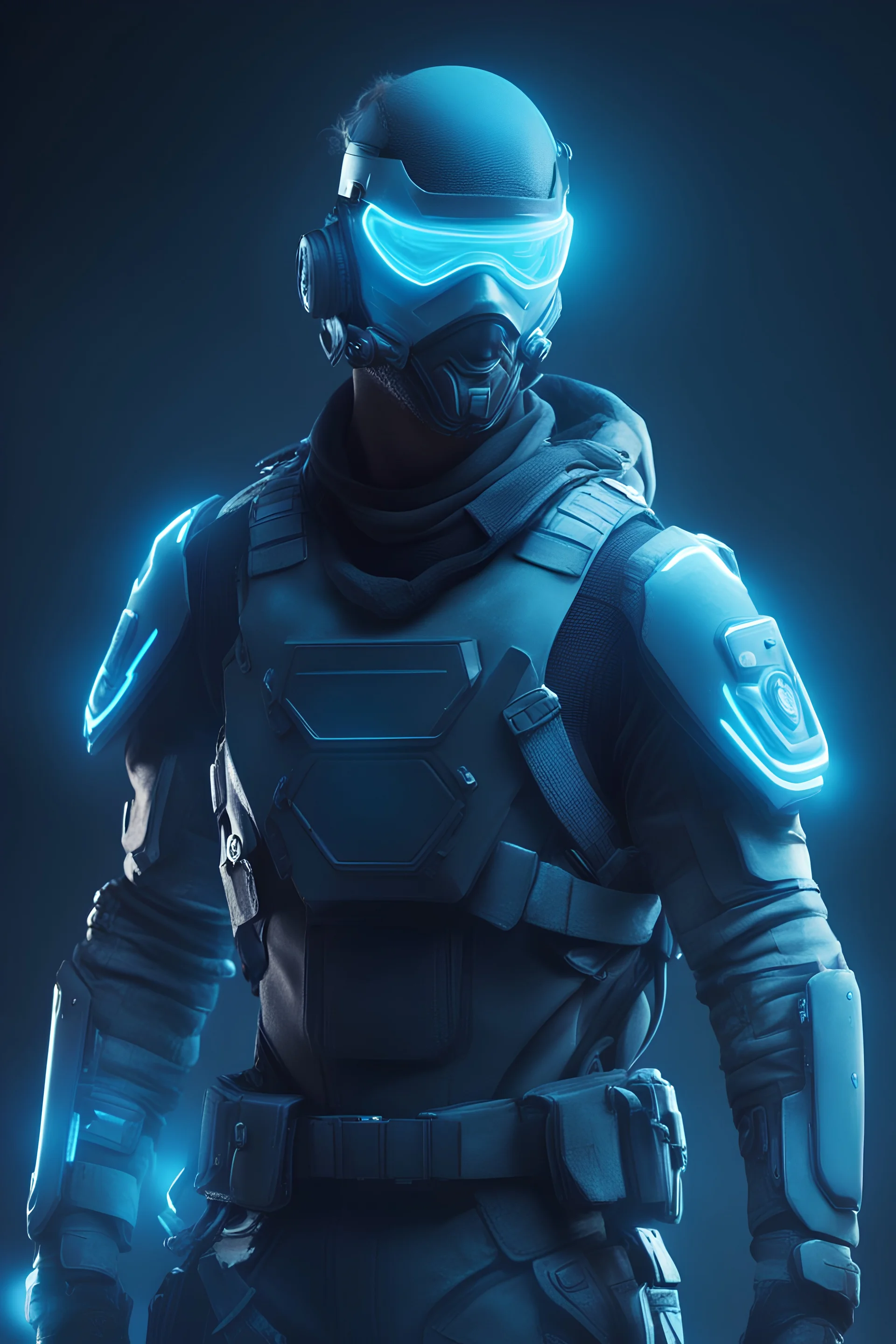 soldier with a mask , heroic stand, futuristic look, gentle blue neon touch, middle of battle