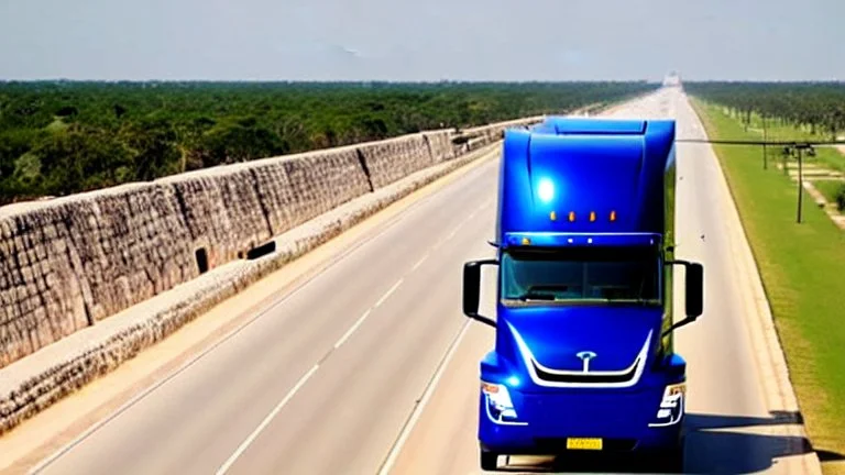 A Tesla semi-truck is racing at top speed, across 'Chichen Itza', in Mexico. CINEMATIC. WIDE ANGLE LENS.