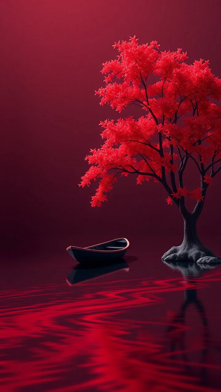3D , a boat in a river stream in red . A nice red tree in a dark red background, high Quality picture , 8k