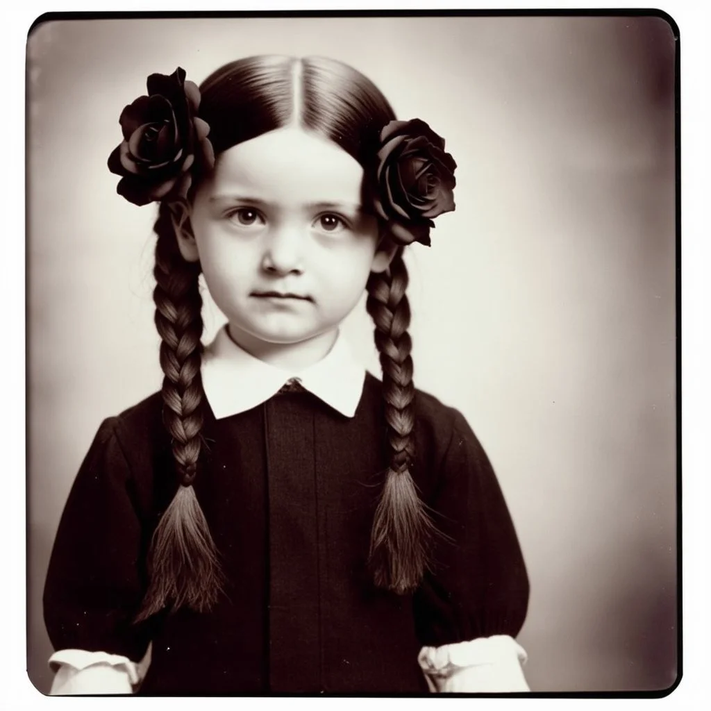 wednesday addams as a child, braids, with black roses, worn polaroid, 1970s