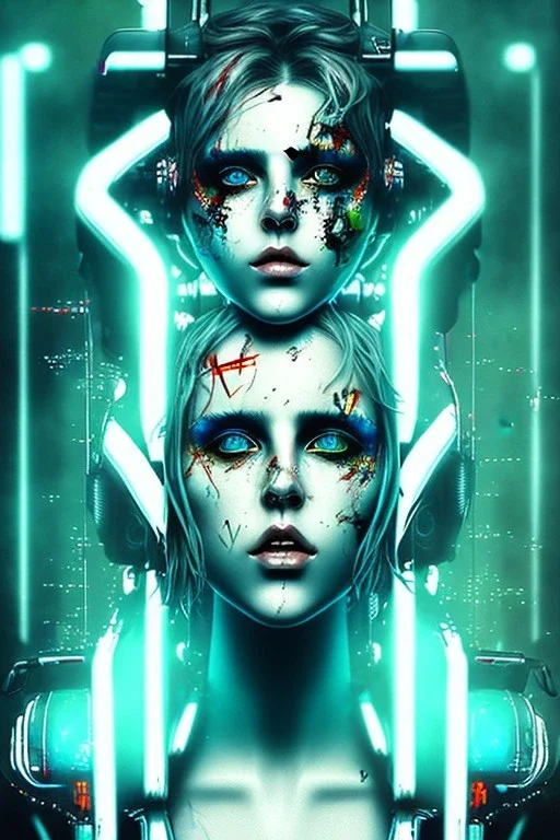 Danish singer MØ face,Abstract Yoji Shinkawa,cyberpunk, neon tones,