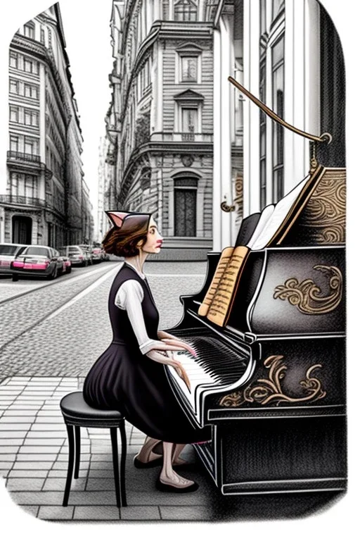 One single mature cat lady playing piano on the street, Vienna, friendly, model style, hyper realistic, extremely accurate, delicate, extremely detailed, Graphic novel style, wide-angle, open aperture, superfine pencil