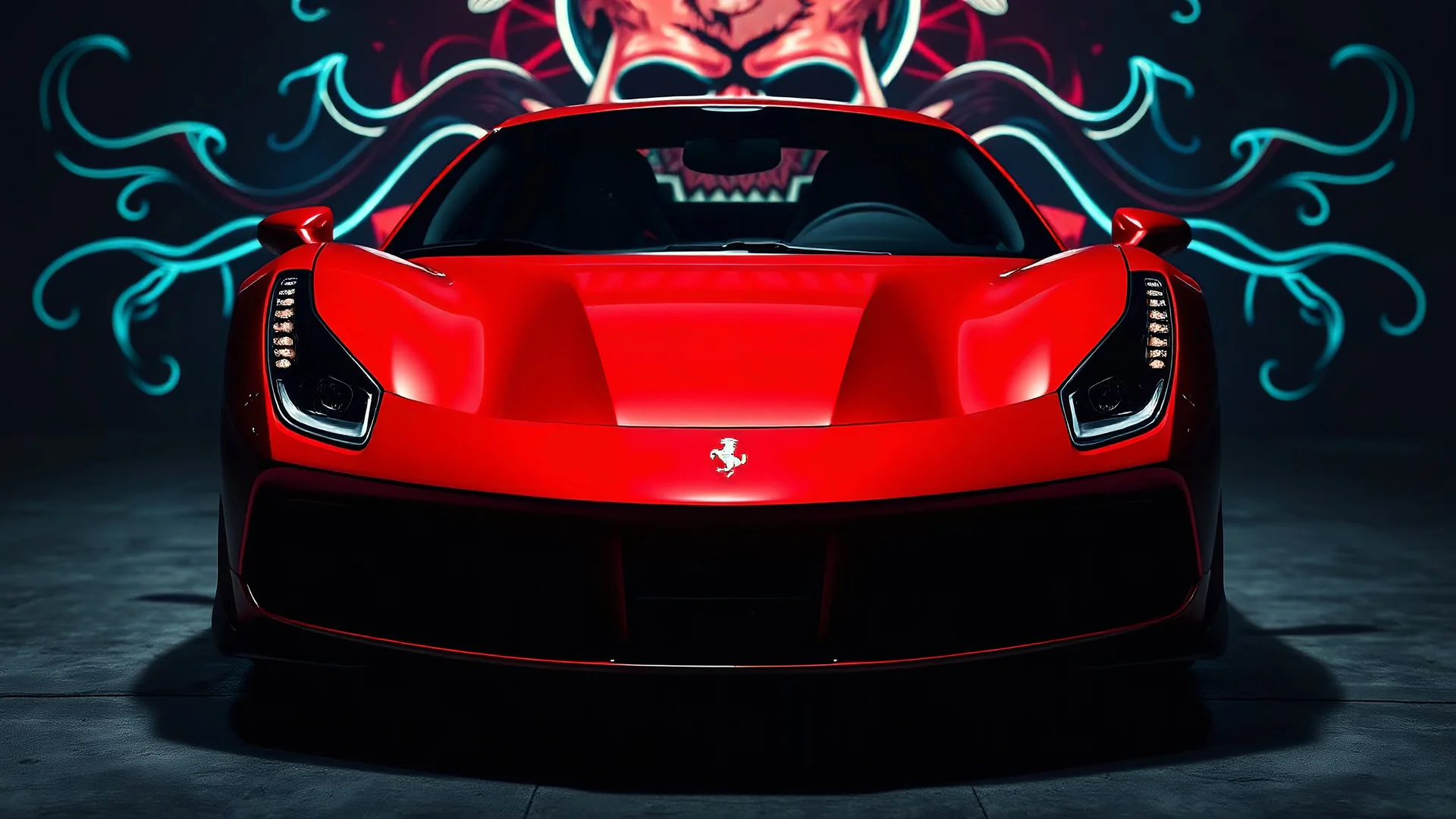 Ferrari, metallic red, glowing trippy Skull graffiti for the background, front view, dark, Ferrari, supercar, 488GTB, cool, beautiful, wallpaper, beautifully lit