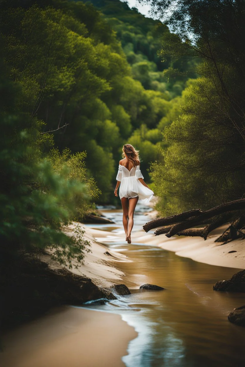 beautiful girl walking to camera in trees next to wavy river with clear water and nice sands in floor