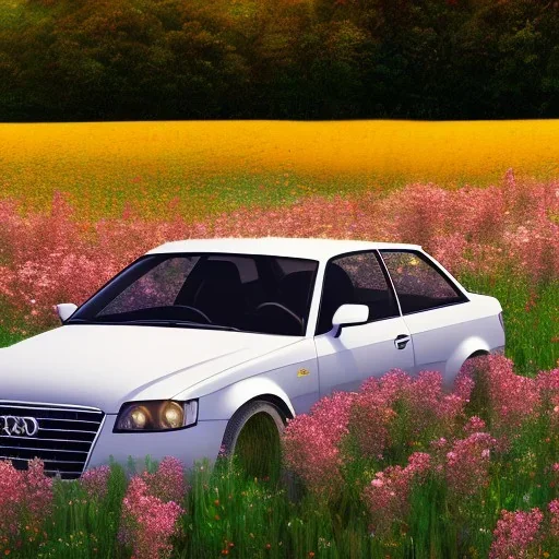 voiture blanche dans un champs de fleur, chrome, synthwave, Concept Art, couleur vibrante,audi