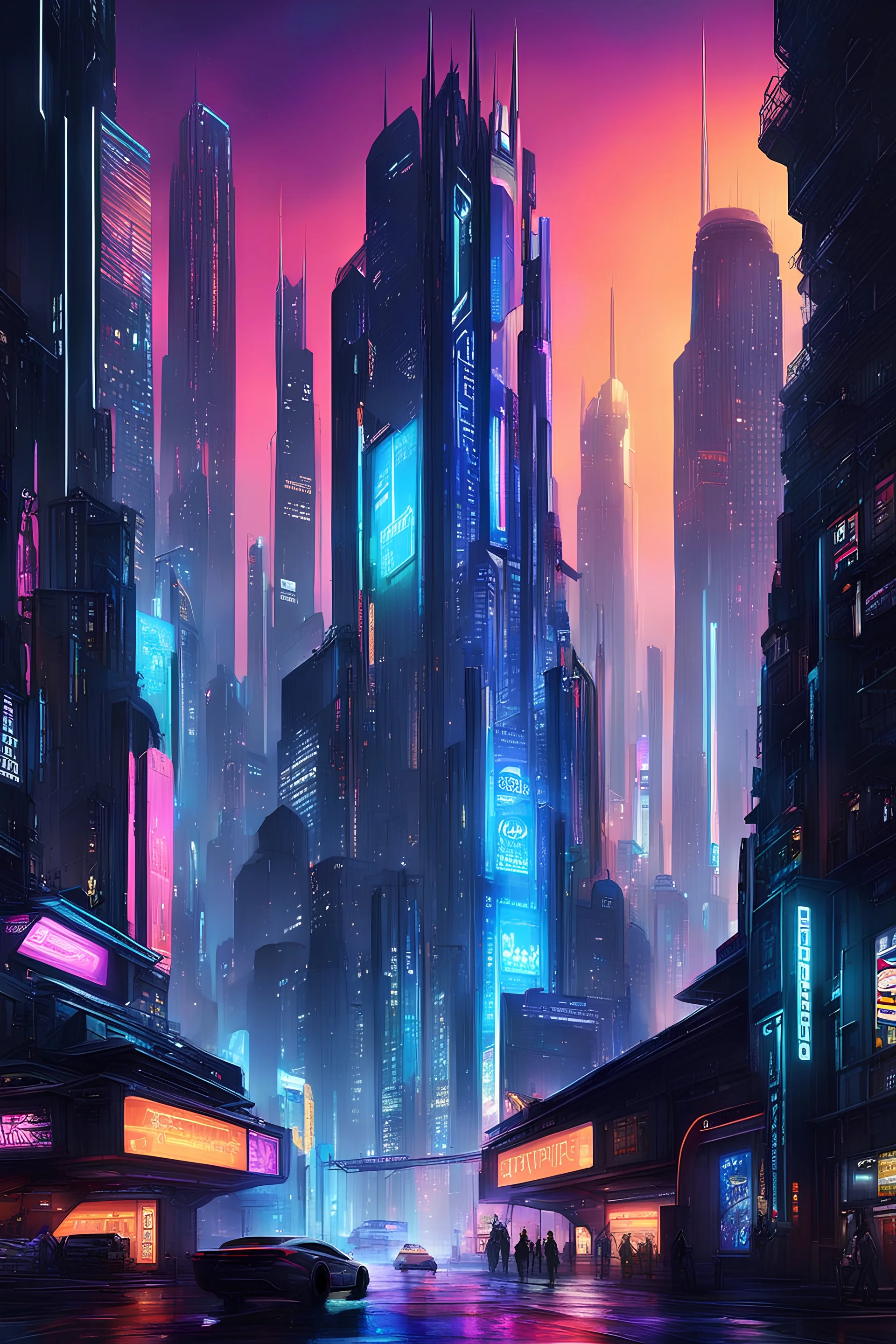 Imagine creating a series of concept art for a cyberpunk-themed metropolis. Design a sprawling, neon-lit cityscape with towering skyscrapers, bustling streets, and futuristic technology integrated into every facet of life. Develop a diverse range of characters, from hackers to corporate elites, each reflecting the city's cybernetic aesthetic. Utilize a blend of sleek designs and gritty urban elements to evoke a vibrant yet dystopian atmosphere.