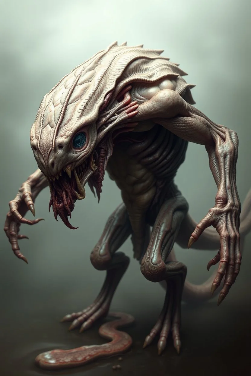 beast A grotesque yet fascinating creature—exposed muscle fibers, pulsating flesh, alien organs visible behind semi-translucent skin. Their limbs look like butchered cuts of meat, and they leave behind a trail of bio-slime.