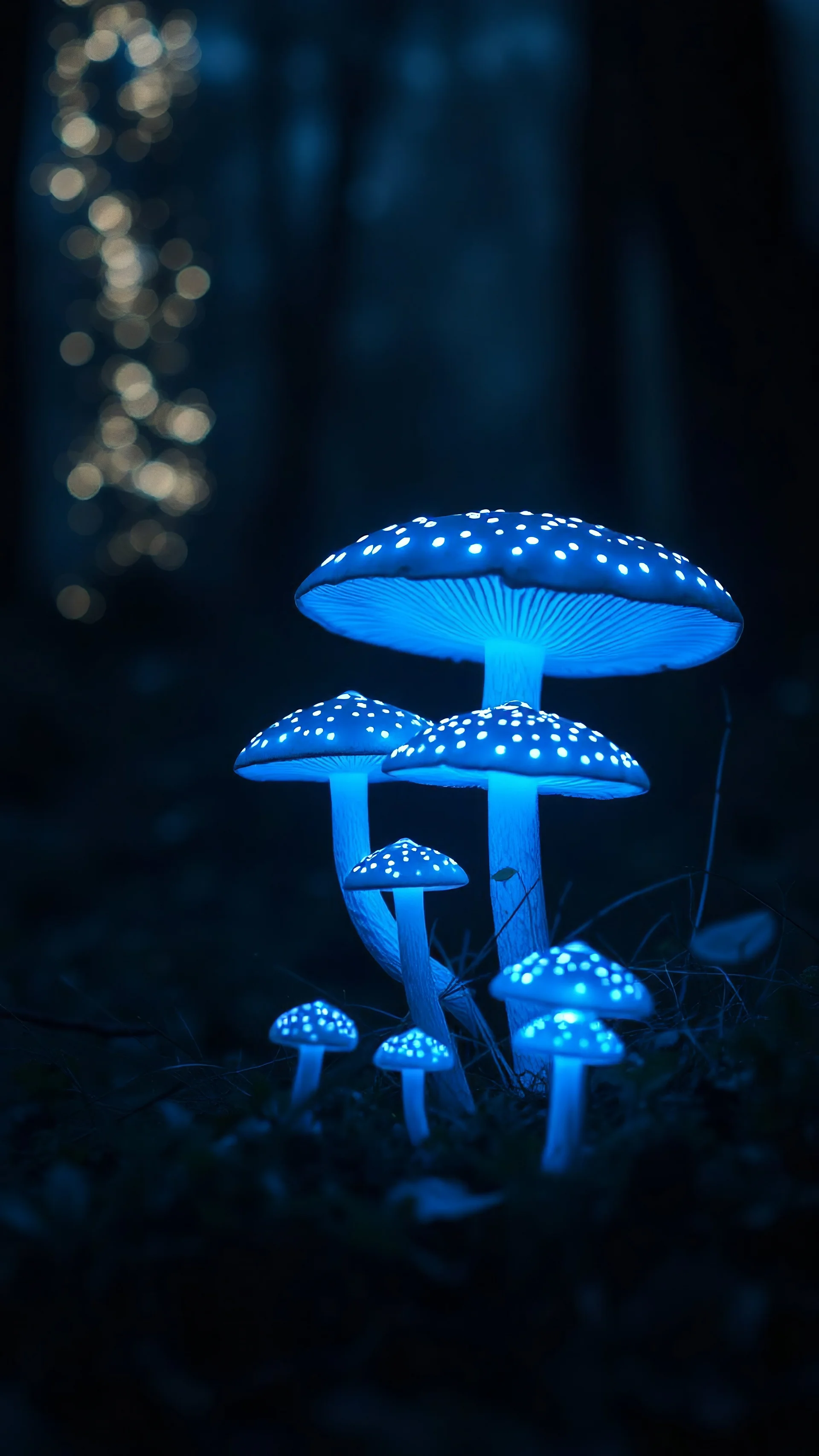 (masterpiece), best quality, A magical glade with glowing blue mushrooms on a quiet night., GHIBSKY style, country side, Japan, night beautiful weather,blue neon lights glowing