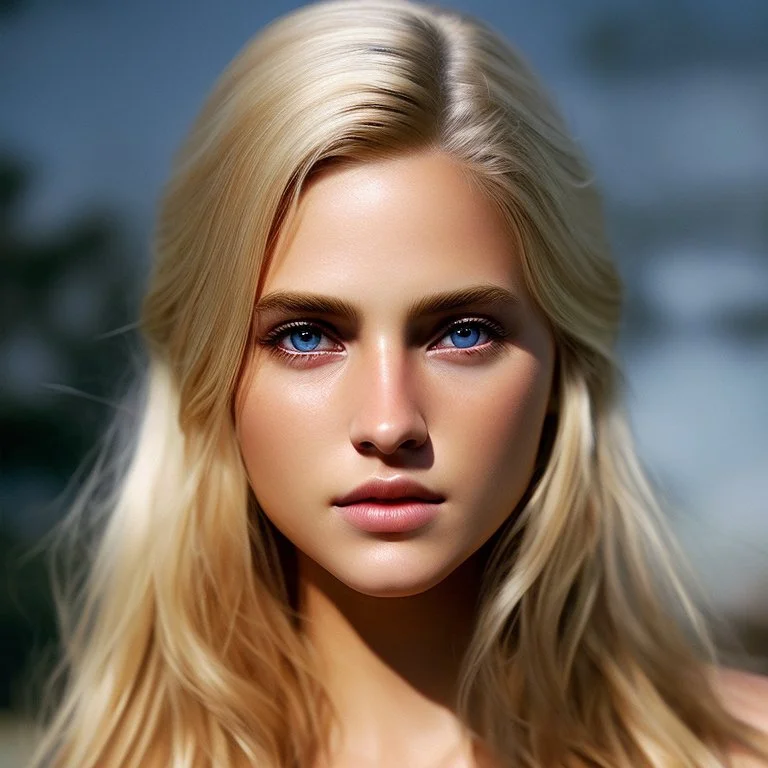 Photorealistic close-up of a beautiful blonde warrior