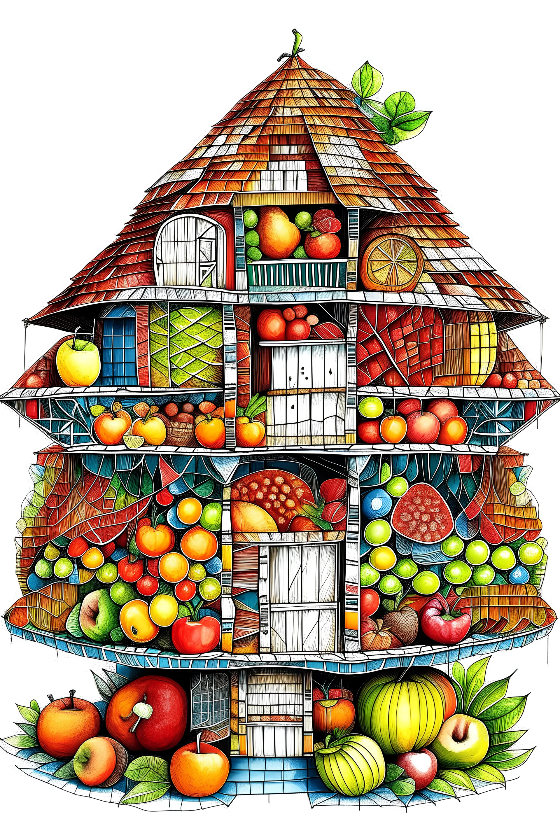 an outline art, a house made from woven fruit baskets, with each room featuring a different type of magical fruit, angle full view, no cut parts, clear line art, white background, no shadows, no tones color, no detailed artwork, clear and well outlined.