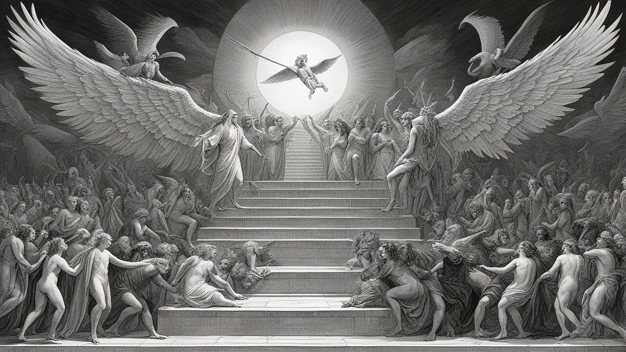 timeline illustration by Gustave Doré of angels and demons according to the bible from the Genesis to the Apocalypse. timeline illustration of evolution of timeline of angels and demons evolution of timeline of angels and demons evolution of timeline of angels and demons