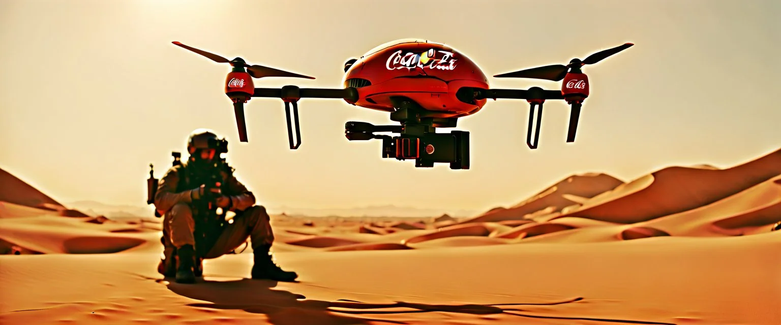 Coca-Cola Branded Military Drone, middle east Desert, cinematic, Fuji Film, Anamorphic lens, 2040s, deep depth of field, in a Cyber punk WW3 film