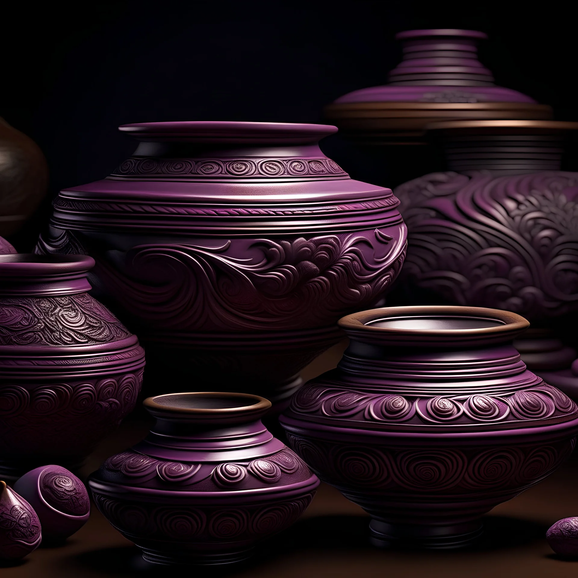 A set of luxurious Chinese folk style purple pottery pots, intricate and creative carving, exquisite craftsmanship, meticulous texture, exquisite artistic conception, high-quality photography, rich purple tones, exquisite and realistic design, perfect execution, aesthetic background, artistic talent, professional lighting, display fine details, designed by the famous craftsman ArtStation, with high-end jewelry in the background.