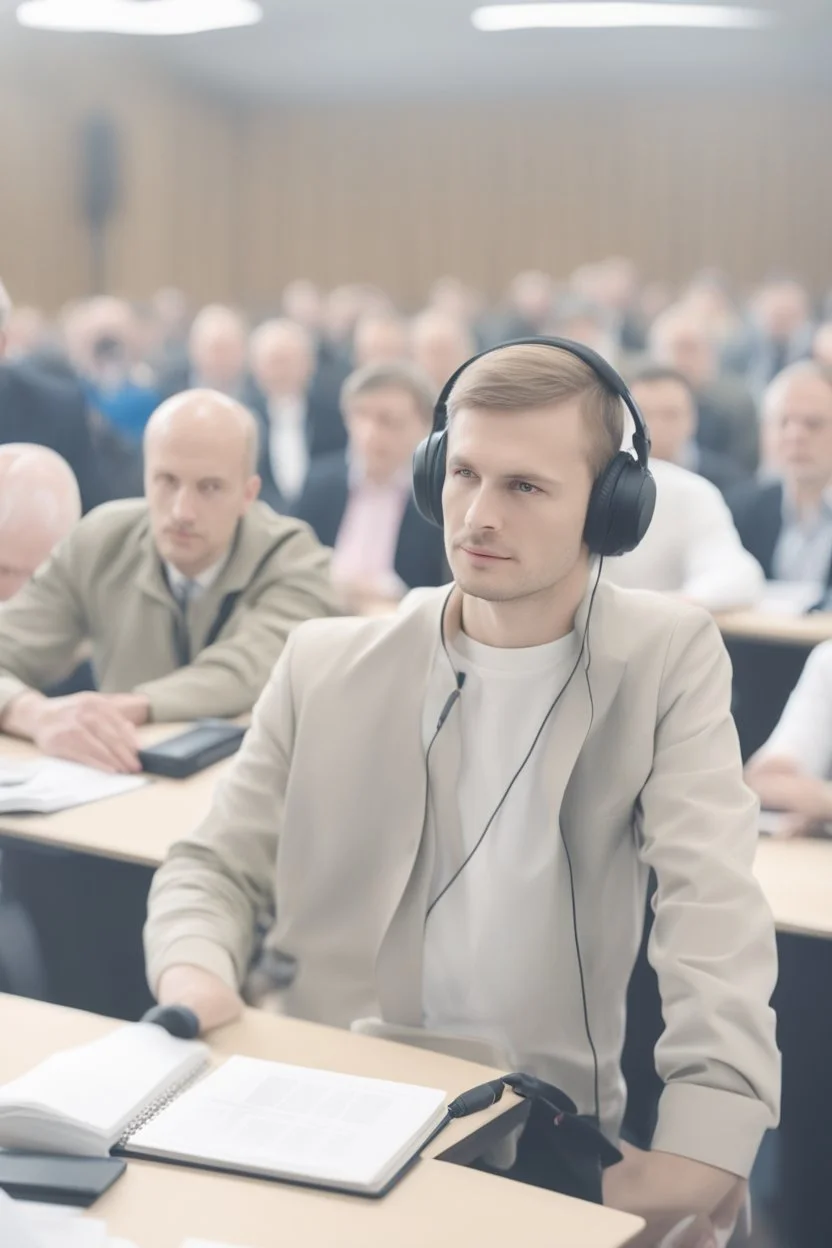 A simultaneous translator of Slavic appearance is sitting at a table with headphones with a microphone at a briefing, in a large hall, there are a lot of translators around, the background is blurred, everything is in pastel light colors