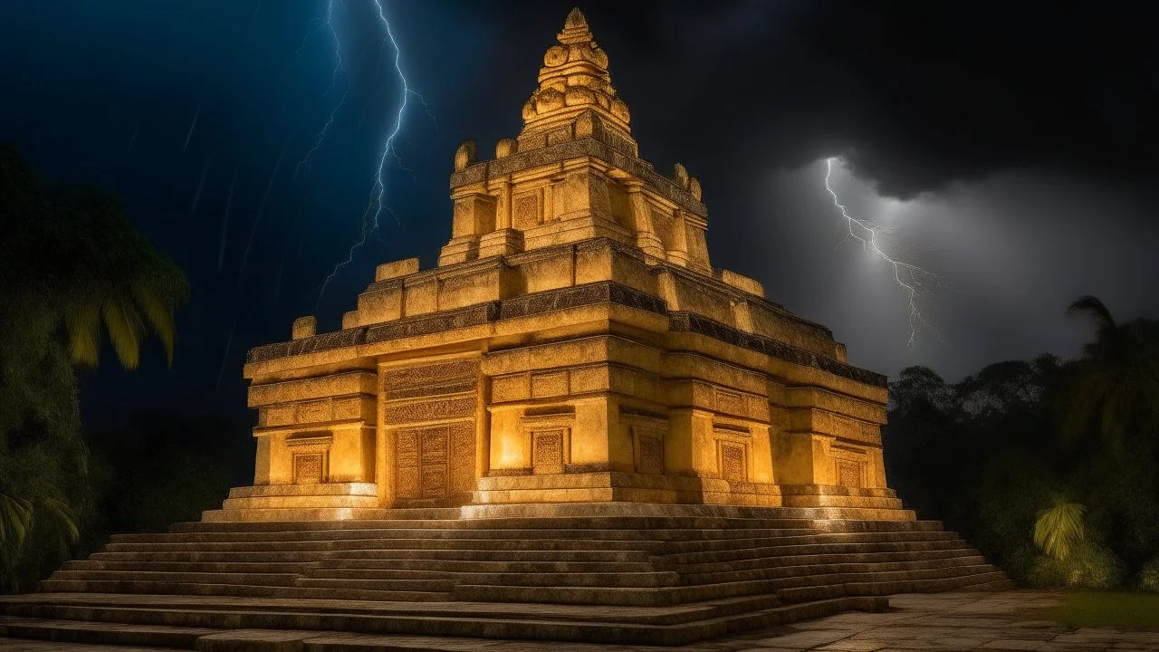 A temple with ivory colored lightning designed in Mayan architecture