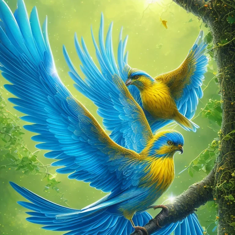 a detailed illustration of a yellow and blue phoenix sitting on a branch of a tree, phoenix bird wallpaper, luminescent body, glinting wings, full body, symmetrical body, realistic, glowing wings, sharp focus, meticulously detailed, soft evening sky, 64k