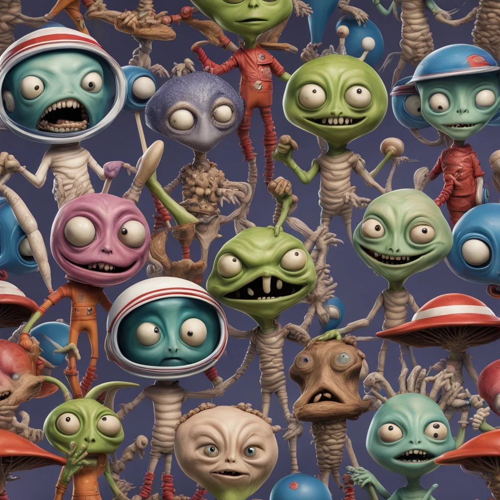 whimsical detailed photorealistic extra-terrestrial caricature by Tim Burton, colorful whimsical quirky strange Alien children wearing alien baseball uniforms playing a game of baseball on an alien sandlot; baseball & baseball-bat, intergalactic baseball sandlot diamond alien wonderland, stopmotion cinema photograph, by Tim Burton and Charles Adams, cinematic lighting : perfect anatomy : perfect gear : extraordinarily_detailed