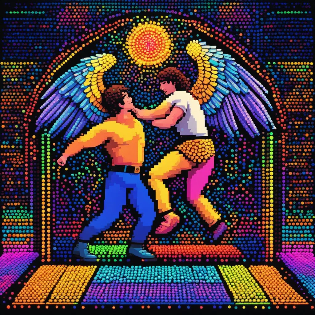 [style is lite brite art, luminous and colorful designs, pixelated compositions, retro aesthetic, glowing effects, creative patterns, interactive and playful, nostalgic charm, vibrant and dynamic arrangements] Jacob wrestling with angel