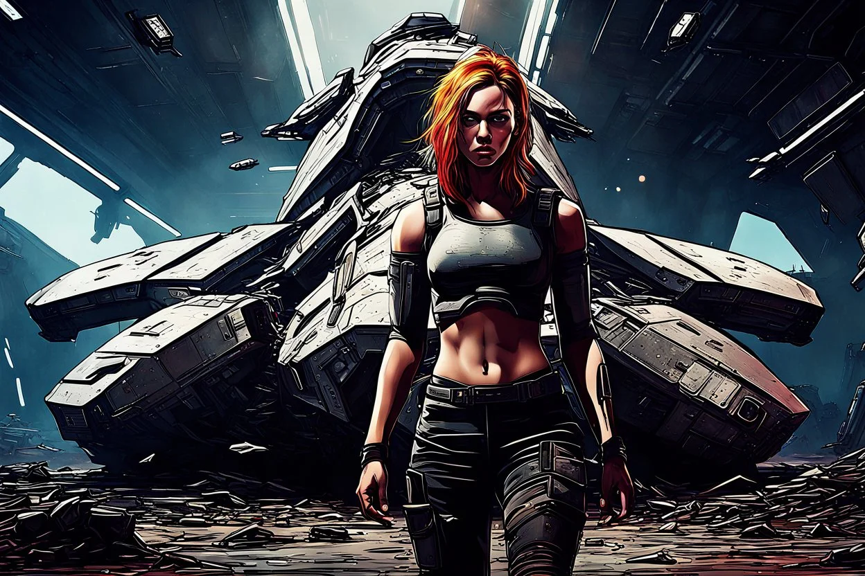 Beautiful girl with rainbow eyes, warrior, strong, sad, resilient, full body, with family of 5 beside her, defending, Masterpiece, best quality, cinematic lighting, futuristic, standing in front of crashed spaceship, tough stance.