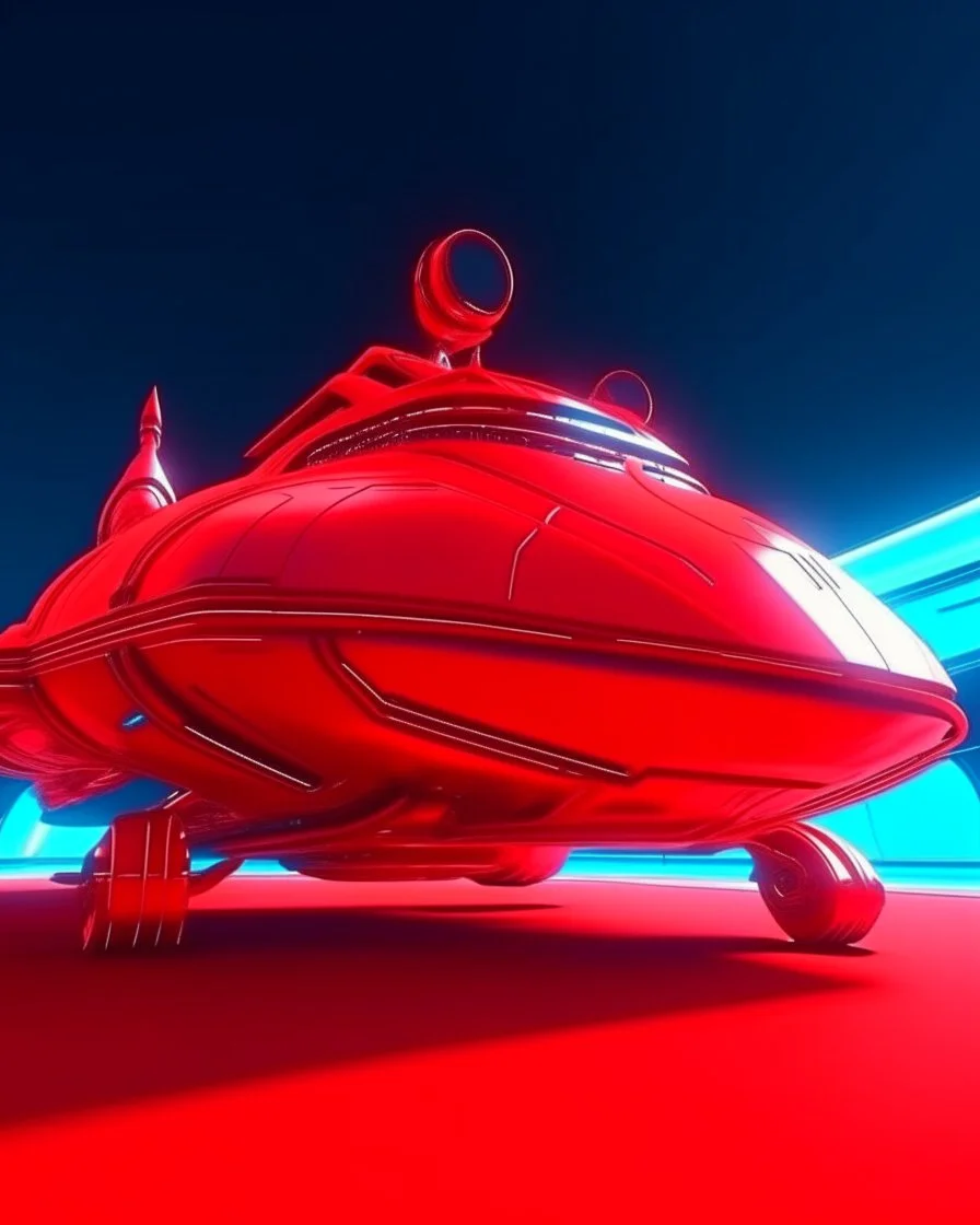 low view angle shot down from upper left front and showing the full vehicle, a RETROFUTURISTIC HOVERING CRAFT OF ALIEN ORIGIN, a beautiful look up modern is decorated with red abstract SKYLINE, all red background, , vray, raytracing
