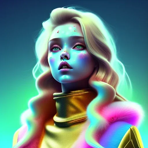 blonde woman teenager, gold teeth, purpurin, retro futuristic, feather coat, gradient color, BLUE, PINK, CYAN, neon, insanely detailed, 16k resolution, perfect eyes, cinematic smooth, intricate detail