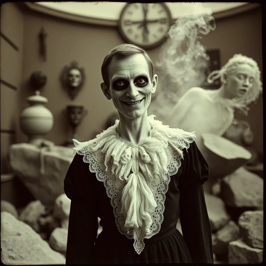 photo, 1920 horror movieshot, eaging, rocks, very odd objects in background, Ades, persone con sorriso falso e occhi, Charon, tenebroso, macabro, marcio, interno museo, fiotti di liquido nero che zampillano, hypermaximalist, strangeness, sundial light, odd, intricate, Lawrence Alma-Tadema style, albero, hypnotic, very accentuated details of the dress and skin, eerily mysterious, artistic photo, shot on Hasselblad, sadness, follia, smoke, daguerrotype