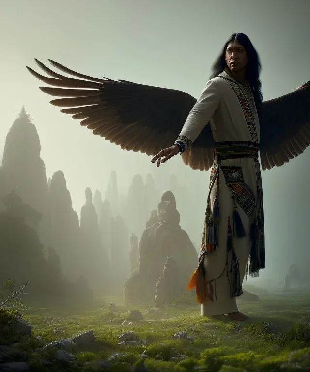 native american shaman, wise man, long black hair, black hooded coat like wings, 8k resolution concept art portrait by Greg Rutkowski