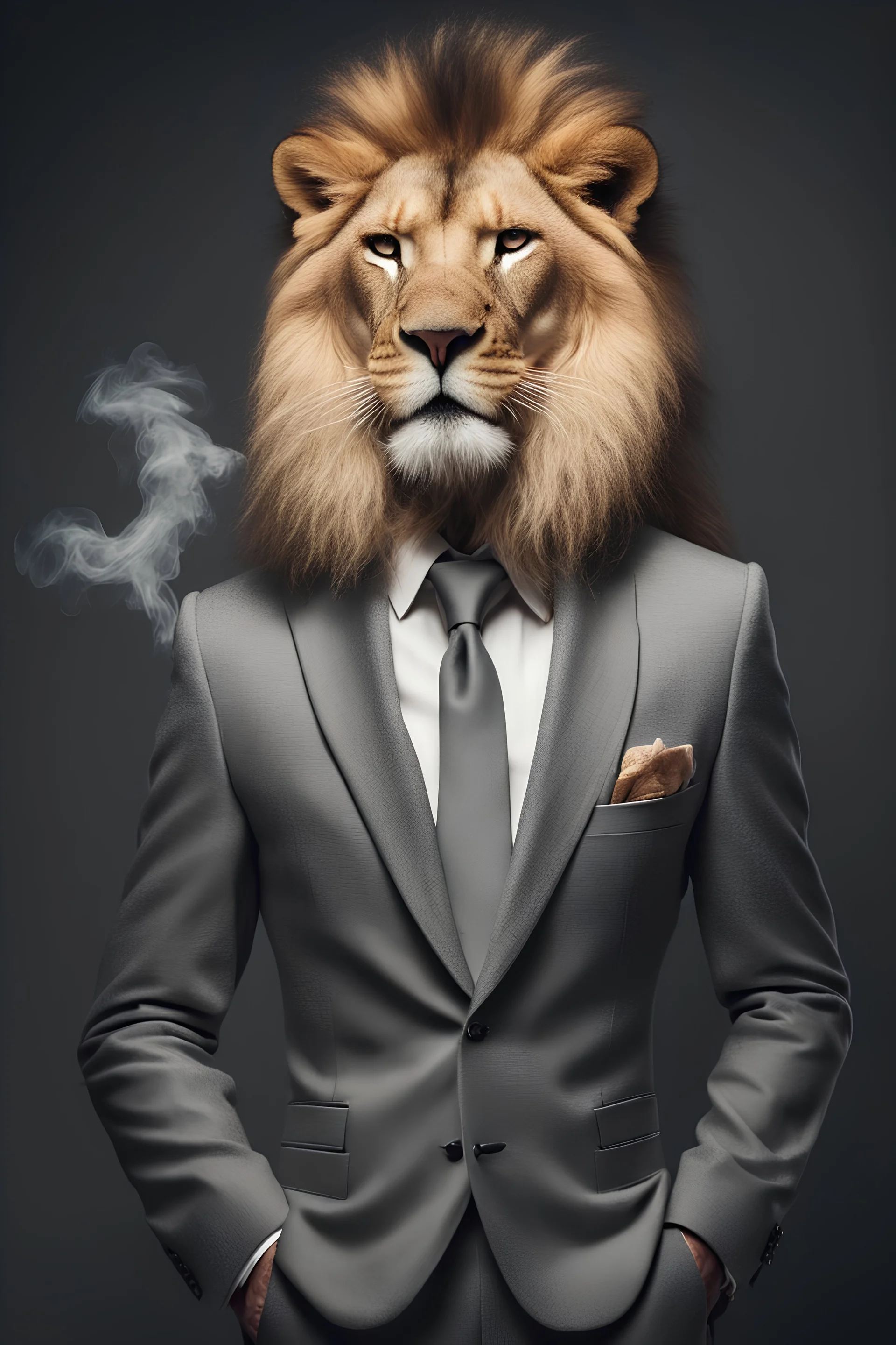 Lion dressed in an elegant suit, standing as a leader, smoking a cigarette. Fashion portrait of an anthropomorphic animal, feline, lion, posing with a charismatic human attitude