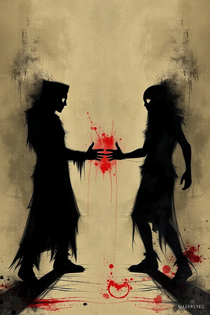 a distressing, abstract image of two shadows preparing to fight to the death