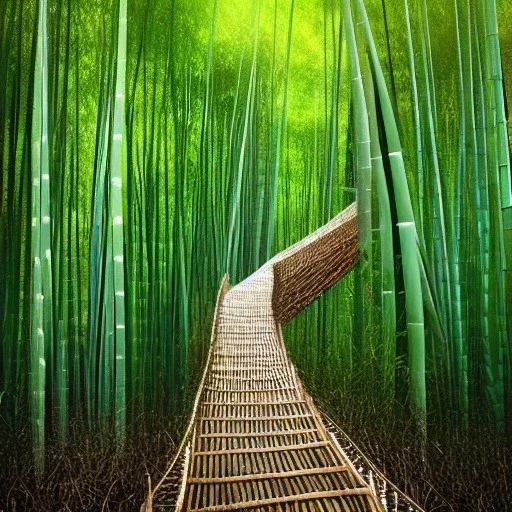 photo of intricate, realistic bamboo forest with wooden walkway leads to nowhere, 8k, high-quality, ultrafine-detail, intricate, detailed matte, digital painting, artwork, brian froud, howard lyon, selina french, anna dittmann, annie stokes, Greg Rutowski