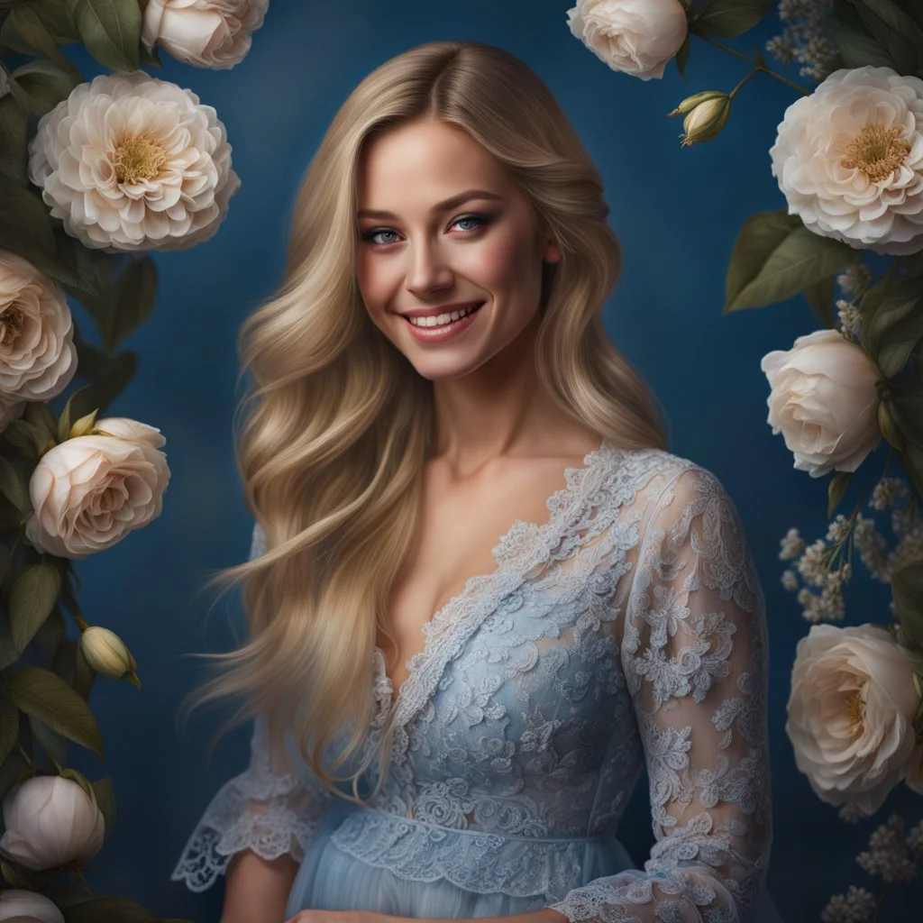 (best quality, 4k, 8k, highres, masterpiece:1.2), ultra-detailed, (realistic, photorealistic, photo-realistic:1.37),hyper realistic, full body gorgeous smiling 1woman,long hair,looking at viewer,realistic proportions,blue eyes,hair ornament,transparent lace dress,very long hair,flower,blonde hair,parted lips,necklace,white dress,blonde hair,lips,joyful pastel background,freckles,realistic,head wreath, pink flower,realistic portrait, dreamy fantasy landscape countryside,great pespective,crystal