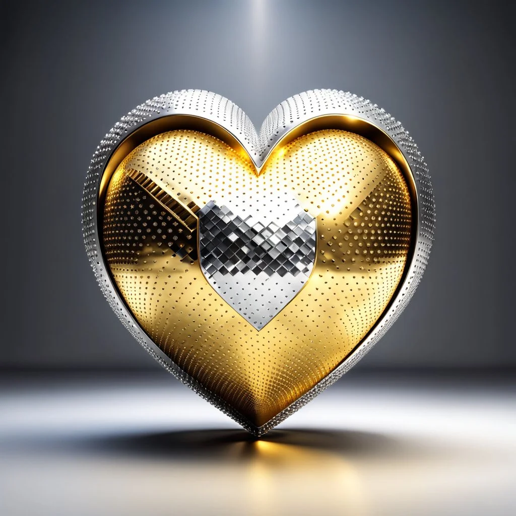 a golden and silver big 3d heart shape with a golden sphere covered with diamond cells inside its center ,rotating in place