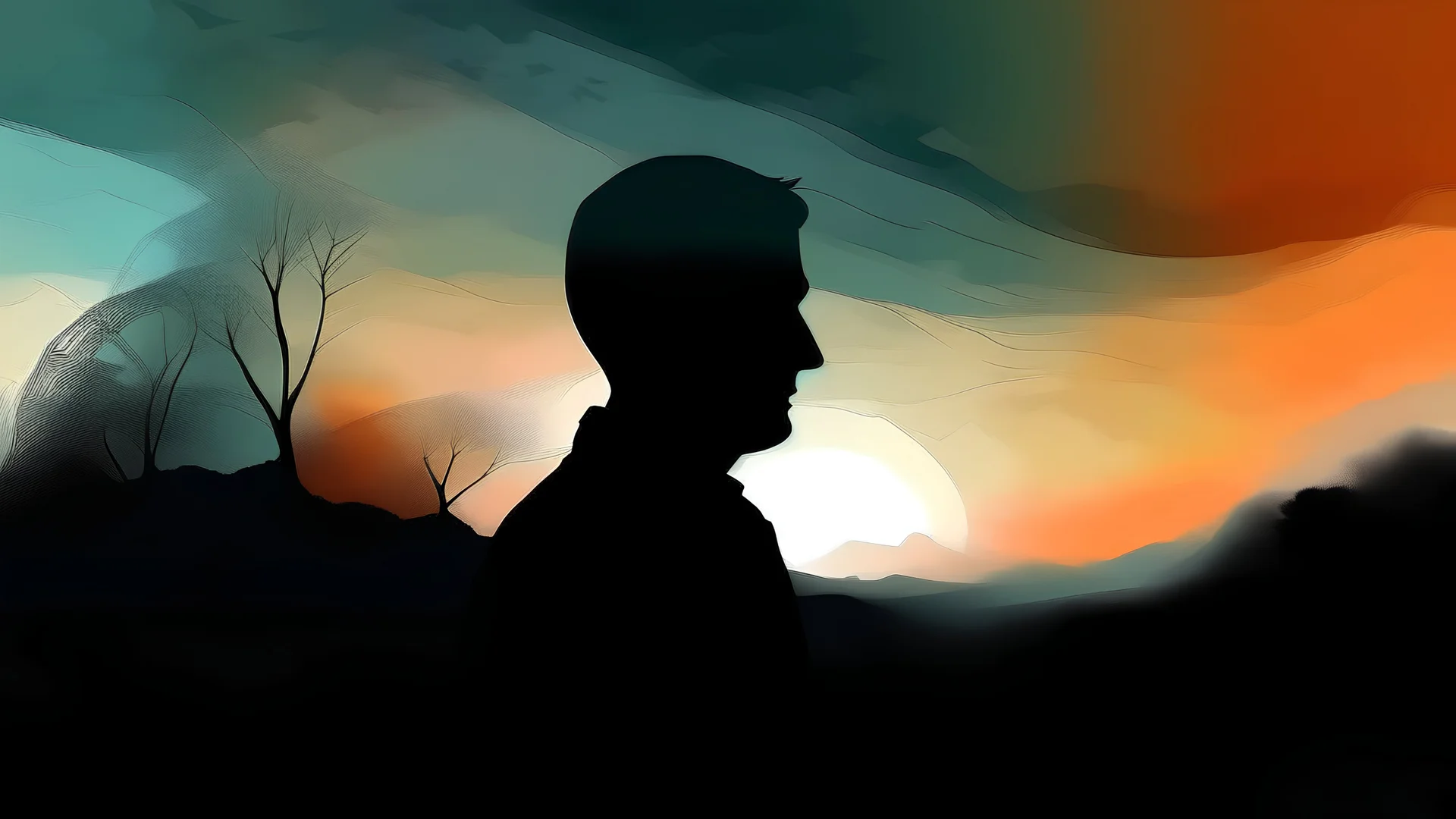 a medium quality digital artwork of a silhouette of a person ((fusing)) with and fading into an abstract landscape, minimalistic, monochromatic, surreal, dreamy, fantasy, artistic, atmospheric, mysterious, sunset, digital painting, storytelling, blended, ethereal, mesmerizing, disappearing, evocative, conceptual, impressionistic