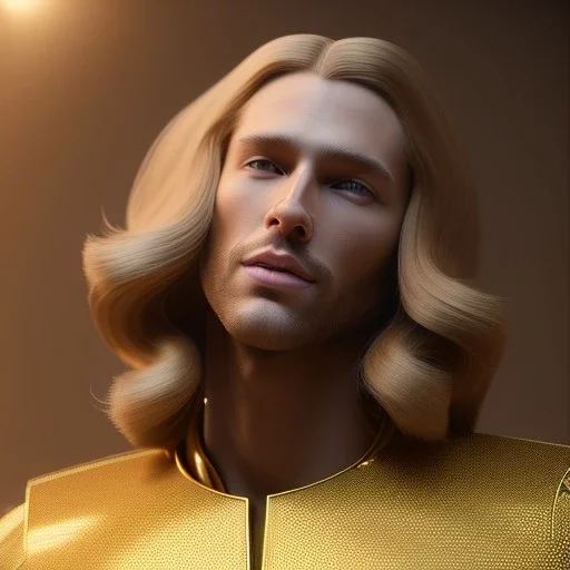 beautiful cosmic golden male, long hair, nice smiling, delicate colors, beautiful glamour galactic golden dress, ultra sharp focus, 8k, unreal engine 5, extremely sharp detail, light effect, soft light atmosphere of a spaceship, smooth, full of details, face in front, complete vision of face and body