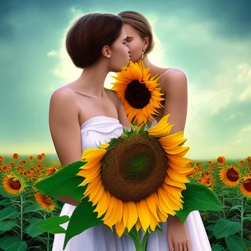 two women kiss sunflowers