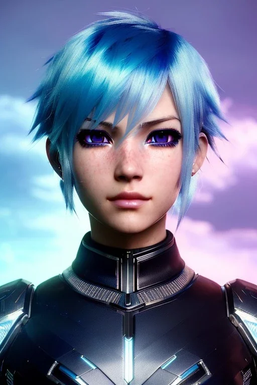 smirking Cyborg anime warrior, light blue hair, short and messy hairstyle, pierced ears, vibrant eye color, clear complexion waist up portrait, 8k resolution, intricate details, ornate details, soft lighting, vibrant colors, retroanime, masterpiece, intricate eyeliner, dark eyeshadow, eyes, intricate tattoos, futuristic cityscape background
