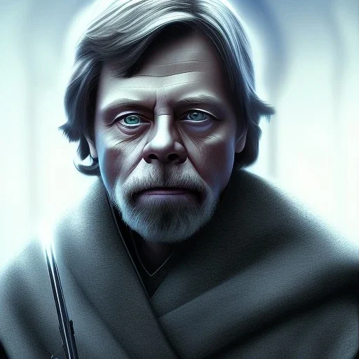 upper body photorealistic jedi mark hamill in Star Wars, sharp blue eyes, photorealistic weathered skin, short hair, dark brown jedi robe, cinematic lighting,