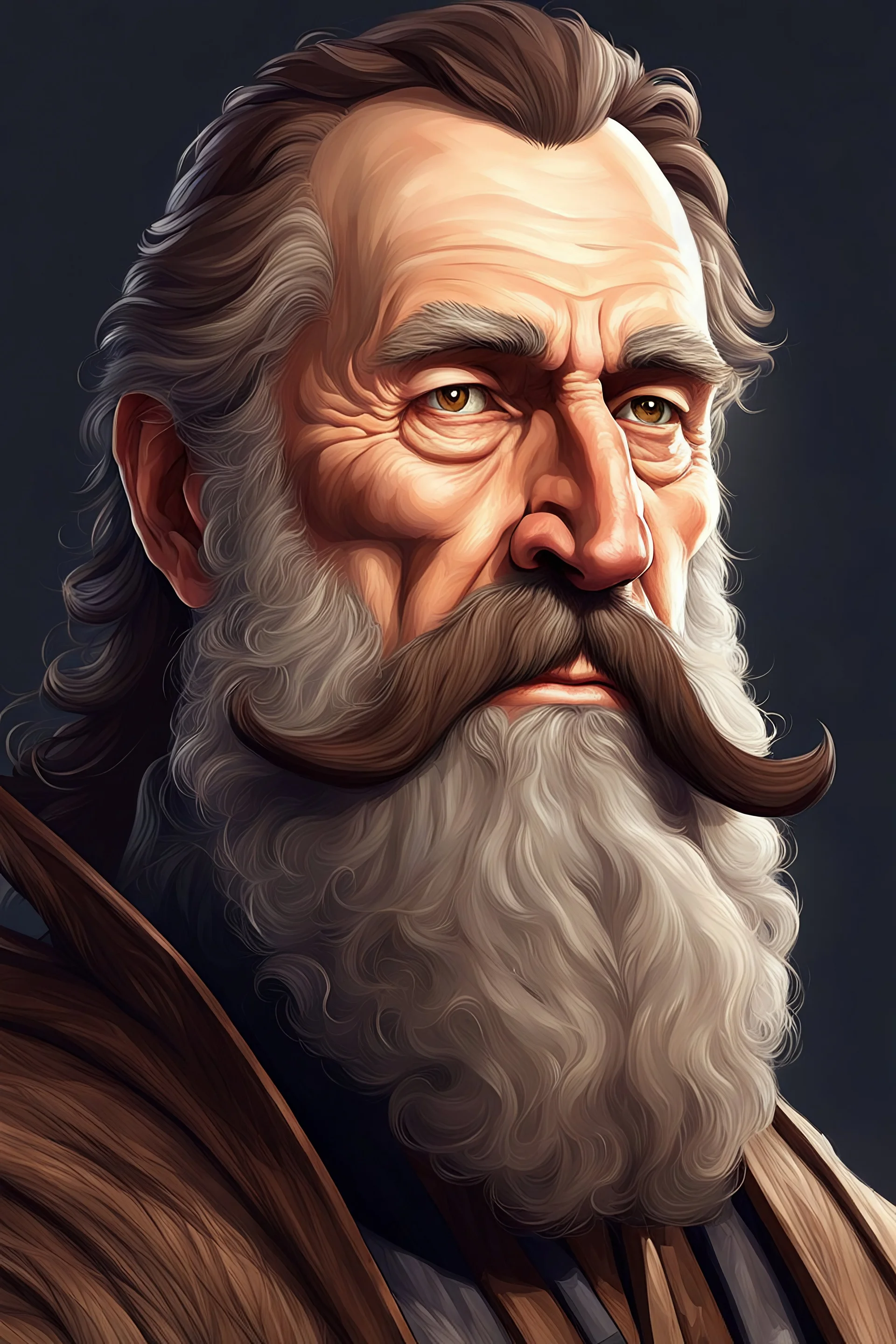 Illustration {adult man, 52 years old, villager, brown hair, long beard}, realism, semi-realistic, fantasy