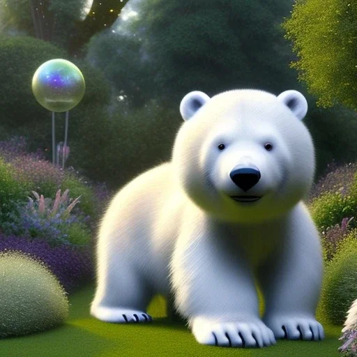 pixar style, volumetric summer garden environment and background, realistic painting of an polar bear, looking excited, volumetric lighting, dramatic lighting, detailed digital painting, extreme dense and fine fur, anime, ornate, colour-washed colors, elegant, small minutiae, tiny features, particulars, centered, smooth, sharp focus, renderman gofur render, 8k, uhd, detailed eyes, realistic shaded volumetric lighting, sunlight caustics, backlight, centered camera view