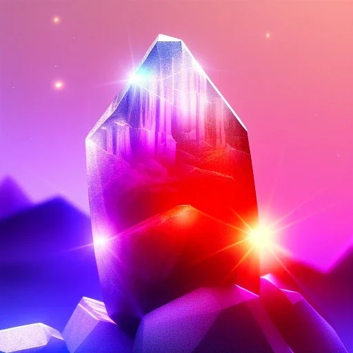 photograph of a (one massive colorful crystal:1.2) growing out of the rocky mountain, (focus on crystal:1.2), 4k, 8k, (highly detailed), ((landscape)),(translucent crystal:1.1), light going trough the crystal, bokeh, chromatic aberration, mountain view, blue and pink background