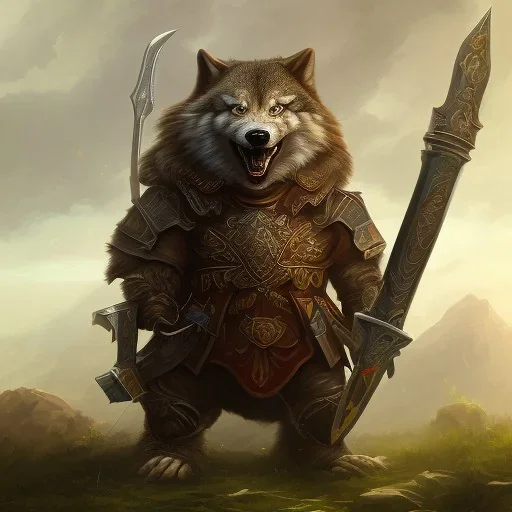 A warrior with a face of aggressive wolf carrying sword and hammer in scary place